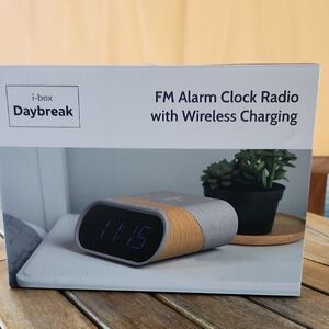 Daybreak Gray and Brown FM Alarm Clock Radio with Wireless Charging